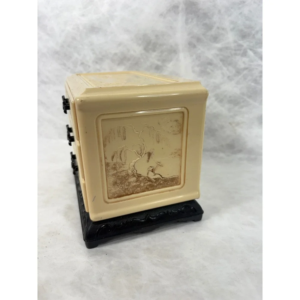 Vintage Chinoiserie Plastic Jewelry Box 3 Drawer Mini Chest Pagoda Cream‎ Black